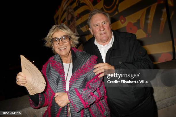 Alda Fendi and Gerard Depardieu attend Fondazione Alda Fendi Esperimenti - Jean Nouvel - Rhinoceros on October 11, 2018 in Rome, Italy.