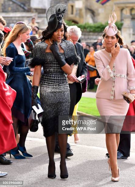 Naomi Campbell and Debbie von Bismarck arrive ahead of the wedding of Princess Eugenie of York to Jack Brooksbank at Windsor Castle on October 12,...