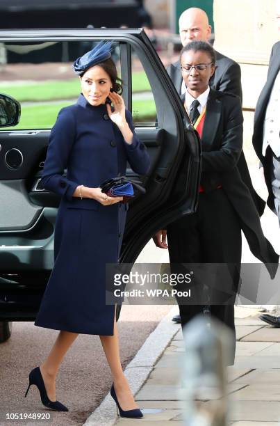 Meghan, Duchess of Sussex arrives ahead of the wedding of Princess Eugenie of York to Jack Brooksbank at Windsor Castle on October 12, 2018 in...