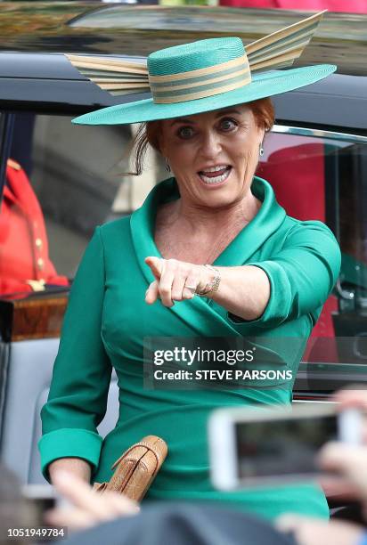 Mother of the bride, Sarah, Duchess of York arrives to attend the wedding of Britain's Princess Eugenie of York to Jack Brooksbank at St George's...