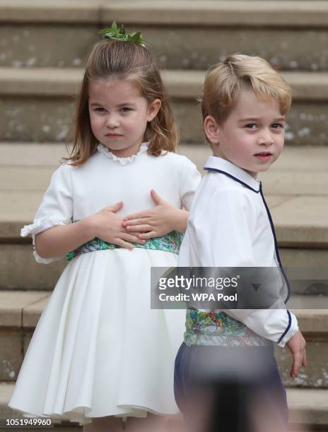 Princess Charlotte of Cambridge and Prince George of Cambridge ahead of the wedding of Princess Eugenie of York and Mr. Jack Brooksbank at St....