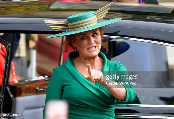 Sarah, Duchess of York arrives ahead of the wedding of Princess Eugenie of York and Mr. Jack Brooksbank at St. George's Chapel on October 12, 2018 in...