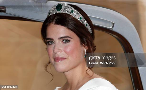 Princess Eugenie of York arrives for her marriage to Jack Brooksbank at St George's Chapel, Windsor Castle on October 12, 2018 in Windsor, England.