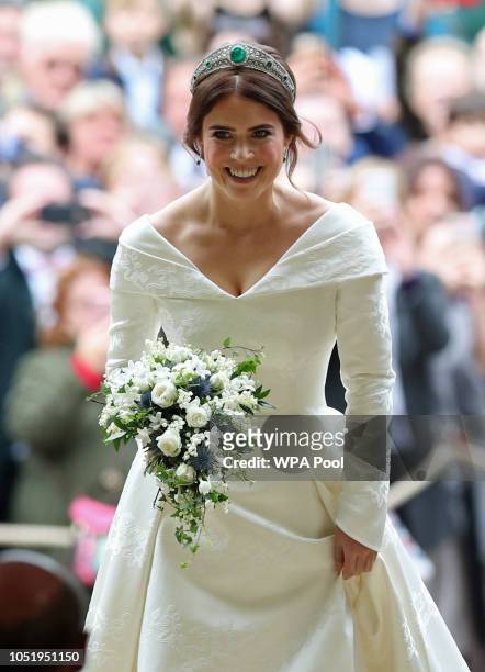Princess Eugenie arrives for her wedding to Jack Brooksbank at St George's Chapel in Windsor Castle on October 12, 2018 in Windsor, England.