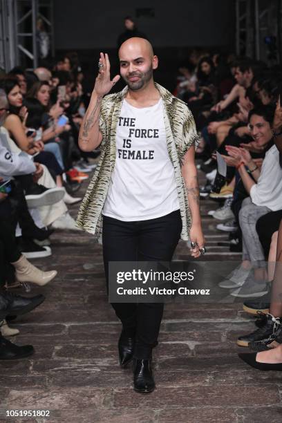 Fashion designer Ary Villa walks the runway during the fifth day of Mercedes Benz Fashion Week Mexico 2018 at Antiguo Colegio de San Ildefonso on...