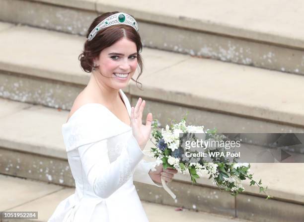 Princess Eugenie of York arrives to be wed to Mr. Jack Brooksbank at St. George's Chapel on October 12, 2018 in Windsor, England.