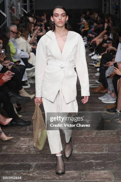 Model walks the runway during the Guillermo Jester - Mexico Disena by Elle fashion show at Mercedes Benz Fashion Week Mexico 2018 at Antiguo Colegio...