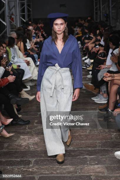 Model walks the runway during the Guillermo Jester - Mexico Disena by Elle fashion show at Mercedes Benz Fashion Week Mexico 2018 at Antiguo Colegio...