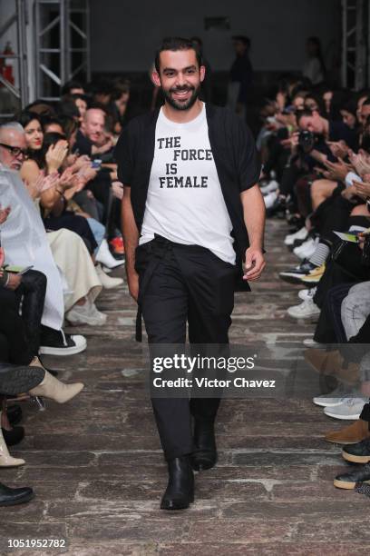 Fashion designer Guillermo Jester walks the runway during the fifth day of Mercedes Benz Fashion Week Mexico 2018 at Antiguo Colegio de San Ildefonso...