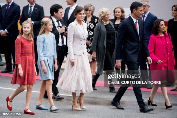 Spain´s Queen Letizia , princesses Leonor and Sofia, Spanish Prime Minister Pedro Sanchez and Spanish minister of defence Margarita Robles attend the...