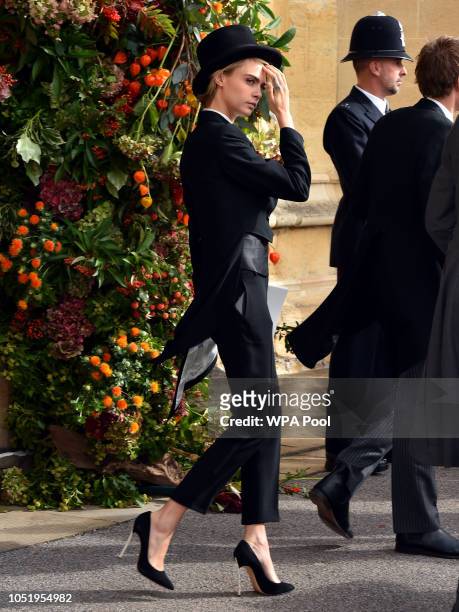 Cara Delevingne after the wedding of Princess Eugenie to Jack Brooksbank at St George's Chapel in Windsor Castle on October 12, 2018 in Windsor,...