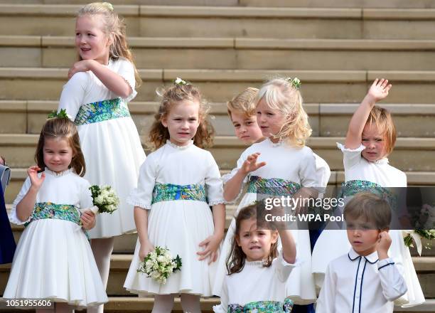 Bridesmaids Princess Charlotte of Cambridge, Savannah Phillips, Maud Windsor, page boy Prince George of Cambridge, bridesmaids Isla Phillips,...