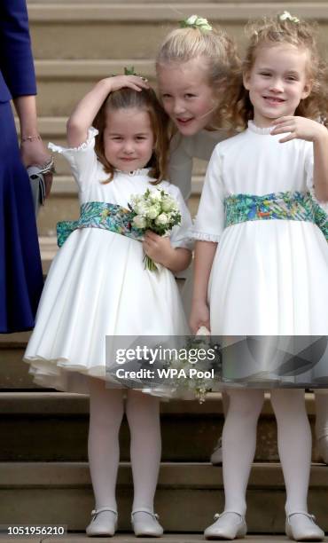 Bridesmaids Princess Charlotte of Cambridge, Savannah Phillips and Maud Windsor after the wedding of Princess Eugenie of York and Jack Brooksbank at...