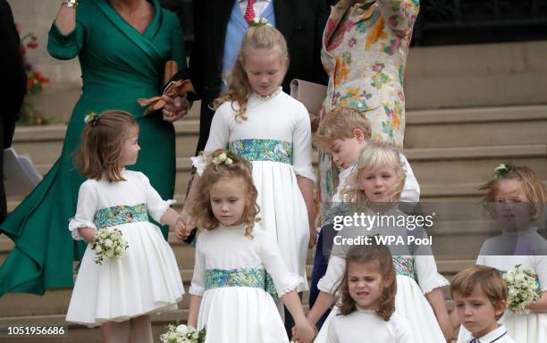Bridesmaids and page boys Princess Charlotte of Cambridge, Savannah Phillips, Prince George of Cambridge, Maud Windsor, Isla Phillips, Mia Tindall,...