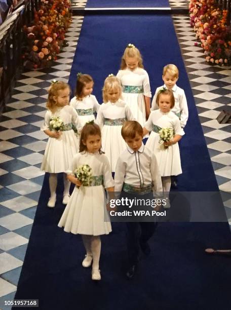 Bridesmaids and page boys including Princess Charlotte of Cambridge, Savannah Phillips, Prince George of Cambridge, Maud Windsor, Isla Phillips, Mia...