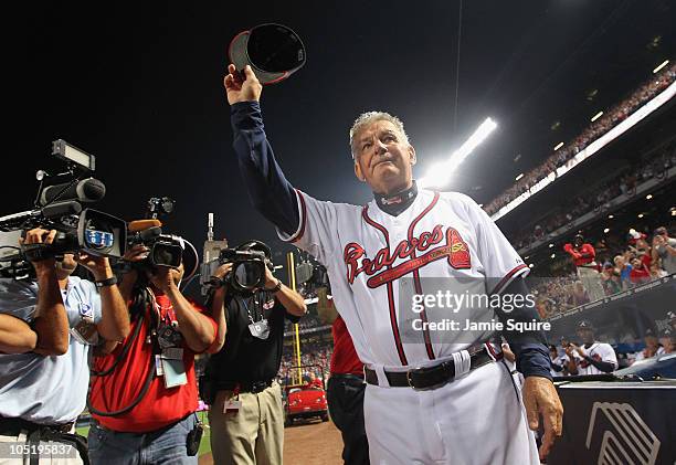 Manager Bobby Cox of the Atlanta Braves waves to the crowd after the Braves were defeated by the San Francisco Giants 3-2 during Game Four of the...