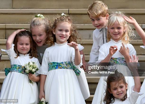 Bridesmaids Princess Charlotte of Cambridge, Savannah Phillips, Maud Windsor, page boy Prince George of Cambridge, bridesmaids Isla Phillips,...