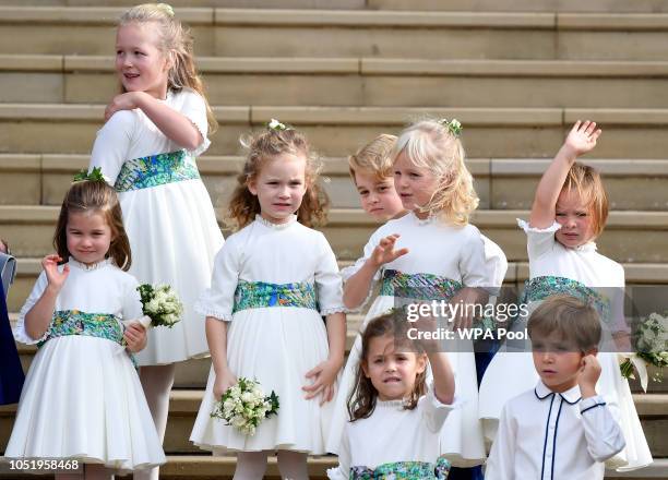 Bridesmaids Princess Charlotte of Cambridge, Savannah Phillips, Maud Windsor, page boy Prince George of Cambridge, bridesmaids Isla Phillips,...