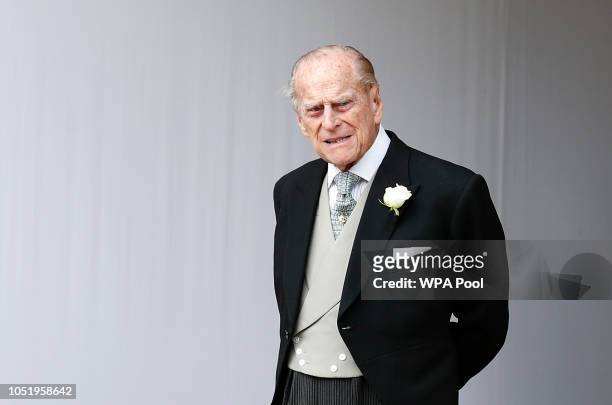 Prince Philip, Duke of Edinburgh attends the wedding of Princess Eugenie of York to Jack Brooksbank at St. George's Chapel on October 12, 2018 in...