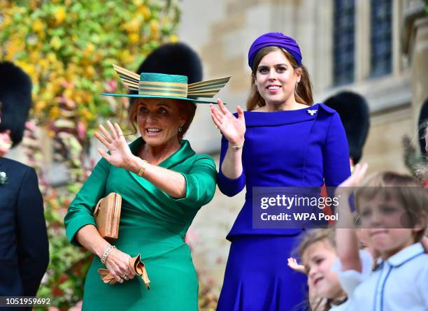 Sarah Ferguson, Duchess of York and Princess Beatrice of York attend the wedding of Princess Eugenie of York to Jack Brooksbank at St. George's...