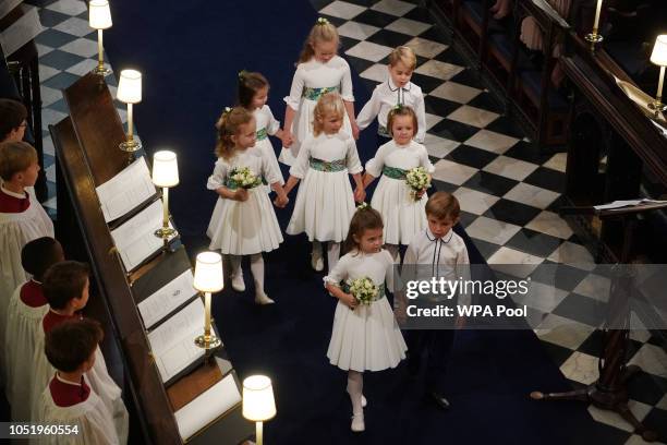 Bridesmaids and page boys Princess Charlotte of Cambridge, Savannah Phillips, Prince George of Cambridge, Maud Windsor, Isla Phillips, Mia Tindall,...