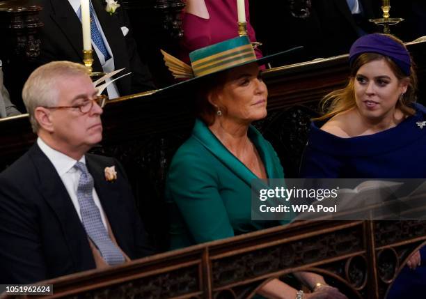 Prince Andrew, Duke of York Sarah Ferguson and Princess Beatrice of York attend of the wedding of Princess Eugenie of York and Mr. Jack Brooksbank at...