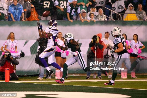 Randy Moss of the Minnesota Vikings catches a 37-yard touchdown pass in the third quarter against Antonio Cromartie and Jim Leonhard of the New York...