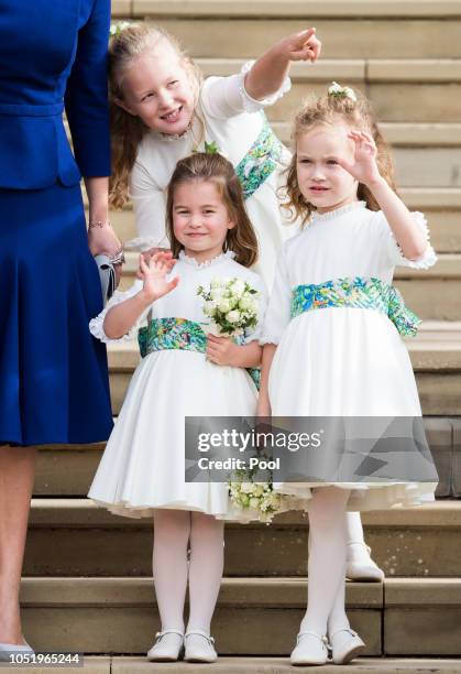 Bridesmaids Princess Charlotte of Cambridge, Savannah Phillips and Maud Windsor after the wedding of Princess Eugenie of York and Jack Brooksbank at...