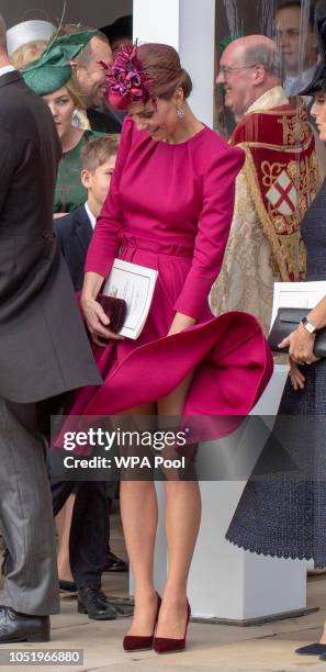 Catherine, Duchess of Cambridge attends the wedding of Princess Eugenie of York to Jack Brooksbank at St. George's Chapel on October 12, 2018 in...