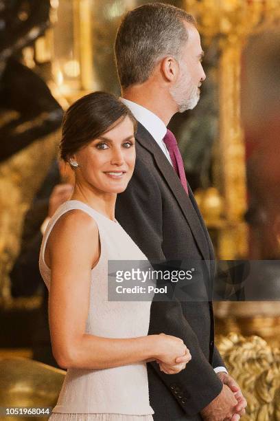 King Felipe VI of Spain and Queen Letizia of Spain attend the National Day reception at the Royal Palace on October 12, 2018 in Madrid, Spain.