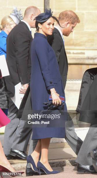 Meghan, Duchess of Sussex attends the wedding of Princess Eugenie of York and Jack Brooksbank at St George's Chapel in Windsor Castle on October 12,...