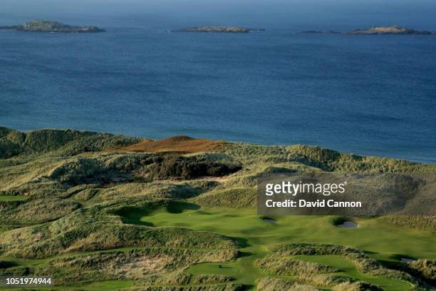 An aerial photograph of the green on the par 5, seventh hole 'Curran Point' on the Dunluce Links at Royal Portrush Golf Club the host venue for the...