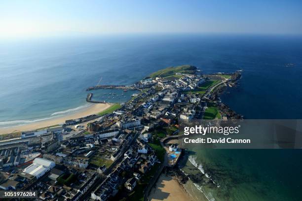 An aerial photograph of the town of Portrush from the town end of the Links at Royal Portrush Golf Club on October 10, 2018 in Portrush, Northern...