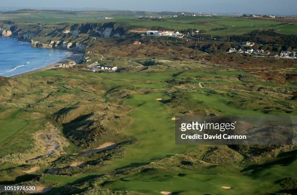 An aerial photograph of the par 4, eighth hole 'Dunluce' on the Dunluce Links at Royal Portrush Golf Club the host venue for the 2019 Open...