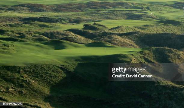 An aerial photograph of the green on the par 3, 16th hole 'Calamity Corner' on the Dunluce Links at Royal Portrush Golf Club the host venue for the...