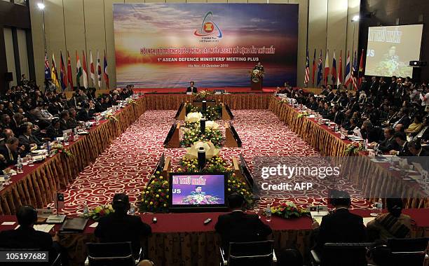 Defense ministers attend a meeting during the Association of Southeast Asian Nations Defense Ministers Meeting Retreat in Hanoi on October 12, 2010....
