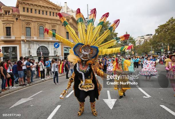 Unionists march during a demonstration on October 12, 2018 in Barcelona, Spain. Thousands of anti-separatists from across Spain were called by...