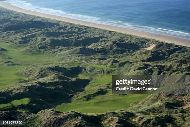 An aerial photograph looking at the par 4, second hole in the foreground, and the par 3, third hole in the centre of the image at Portstewart Golf...