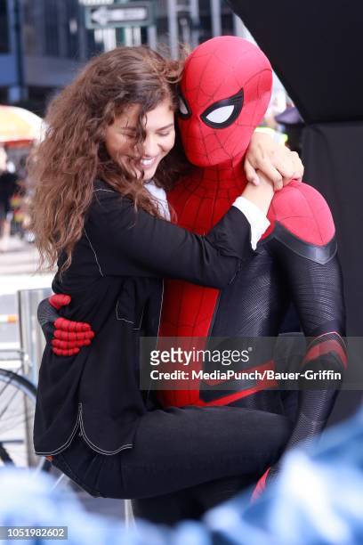 Tom Holland and Zendaya are seen on October 12, 2018 in New York City.