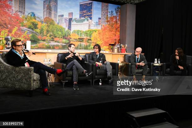 Peter Elliot, Ben Leventhal, JoeBot Zadeh, Brooks Reitz and Michael Lastoria speak on stage at the Food Network & Cooking Channel New York City Wine...