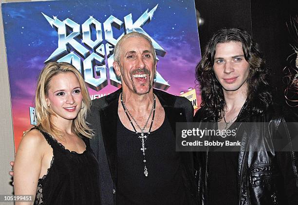Emily Padgett, Dee Snider and Joey Taranto attend Dee Snider's Broadway debut in "Rock of Ages" at the The Glass House Tavern on October 11, 2010 in...