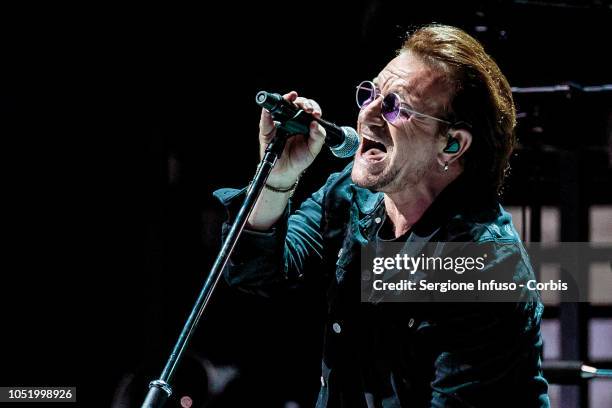 Bono of U2 performs on stage at Mediolanum Forum on October 12, 2018 in Milan, Italy.