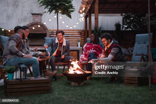 group of friends gathered around a fire pit - fire pit stock pictures, royalty-free photos & images