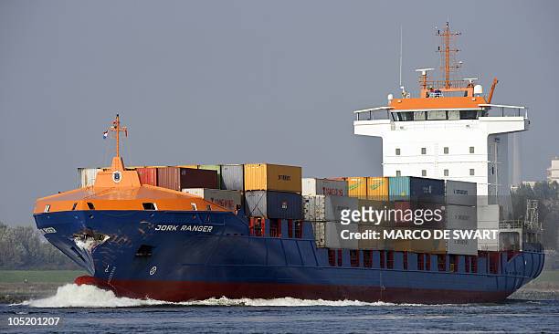 The damaged Cypriot container ship, ''Jork Ranger'' is seen in Maassluis, on October 12, 2010 after a Greek tanker sprang a kerosene leak after it...