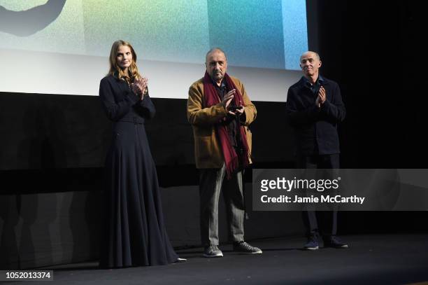 Louise Kugelberg, Jean-Claude Carriere and Jon Kilik attend the "At Eternity's Gate" premiere during the 56th New York Film Festival at Alice Tully...