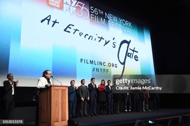 Julian Schnabel speaks onstage with Willem Dafoe, Oscar Isaac, Rupert Friend, Stella Schnabel, Vladimir Consigny, Tatiana Lisovkaia, Benoit Delhomme,...