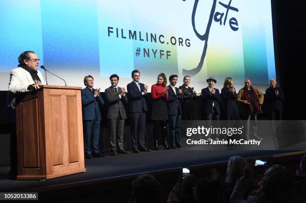 Julian Schnabel speaks onstage with Willem Dafoe, Oscar Isaac, Rupert Friend, Stella Schnabel, Vladimir Consigny, Tatiana Lisovkaia, Benoit Delhomme,...