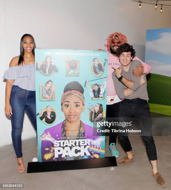 Jasmine Luv, Kash Jordan and Anthony Padilla attend AT&T Hello Lab's 'STARTER PACK' LOG ON: The Internet Experience Pop-Up on October 12, 2018 in Los...