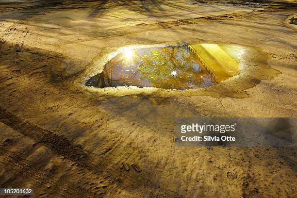 puddle with reflection of railway underpath - flaque photos et images de collection