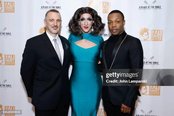 Carl Siciliano, honoree Marti Gould Cummings and Todrick Hall attend "A Place At The Table" 2018 Ali Forney Center benefit at Cipriani Wall Street on...